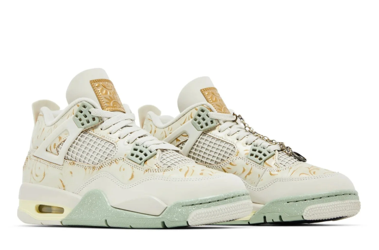 Jordan Cream Sneakers with Gold-Tone Patterns and Mint Accents