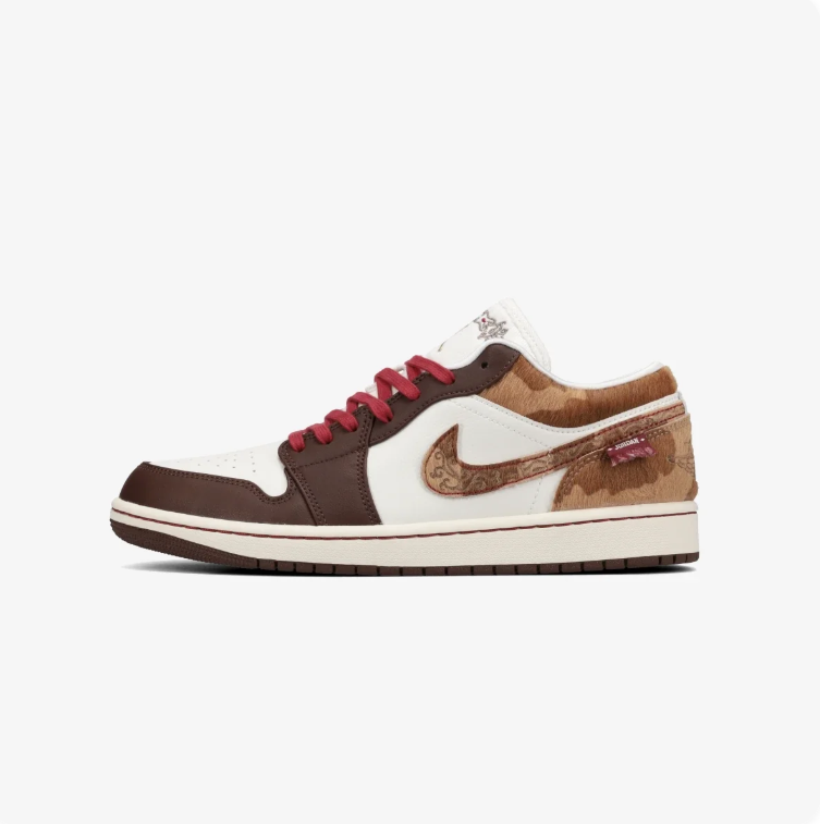 Jordan Brown and White Low-Top Sneakers with Red Laces