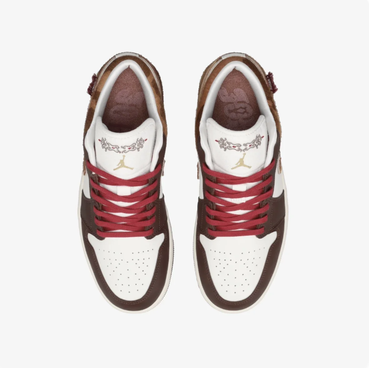 Jordan Brown and White Low-Top Sneakers with Red Laces
